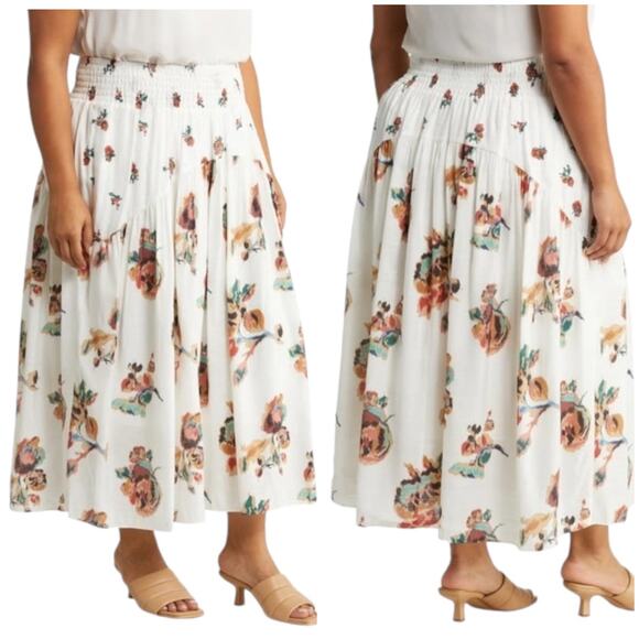 Vince NWT Vince Ikat Floral Smocked Tiered Midi Maxi Skirt Pockets Size 3X - Picture 1 of 12